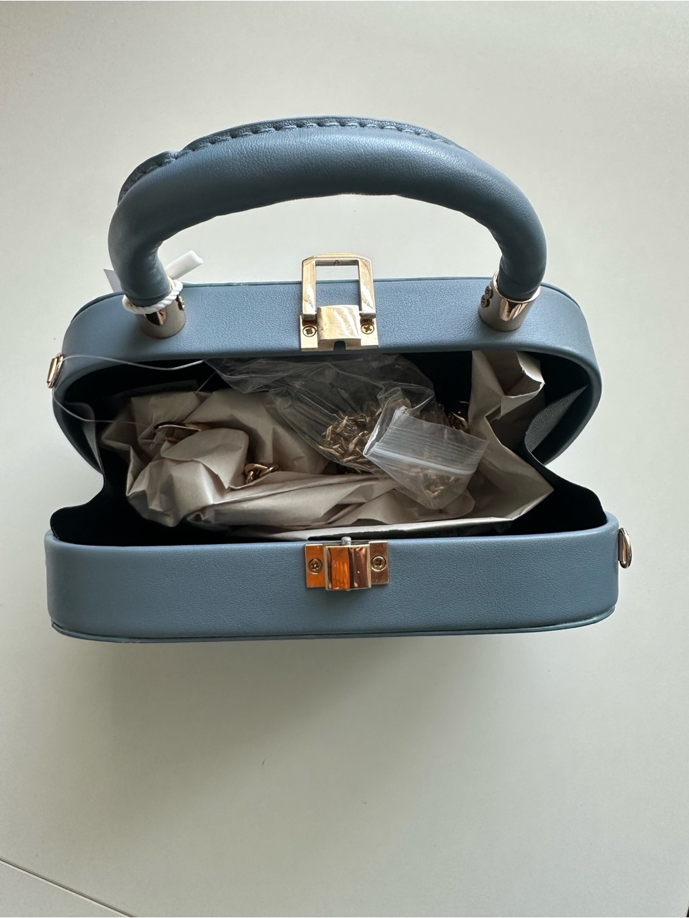 Blue Structured Top-Handle Satchel with Gold Hardware
